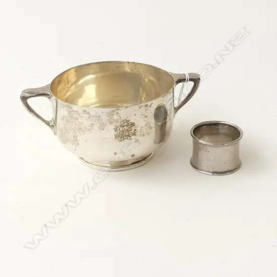 SILVER TROPHY BOWL Sheffield 1926 + silver NAPKIN RING 1922. 300gms.