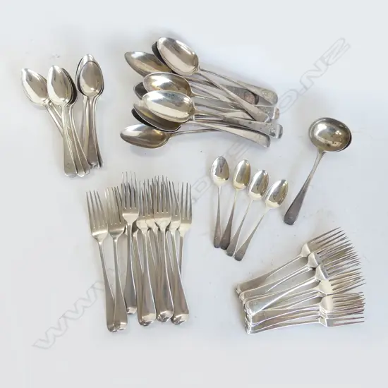 MAINLY GEORGE III SILVER 12 PLACE SILVER CUTLERY SET. 2509gms. All crested- dble headed sea monster & 'Aye Forward'