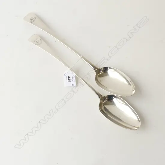 PR GEORGE III SILVER PIE SPOONS London 1798 & 1818. 204gms.  Crested with dble headed sea monster & 'Aye Forward'