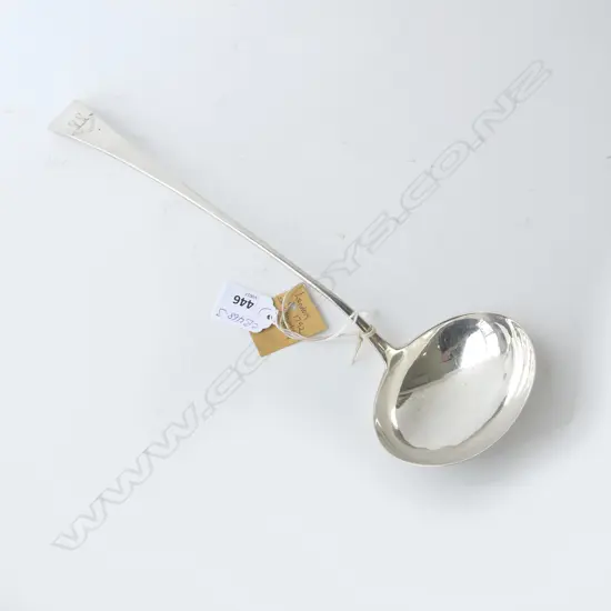 London 1792 SILVER SOUP LADLE by Solomon Hougham 157gms. Crested with dble headed sea monster & 'Aye Forward'