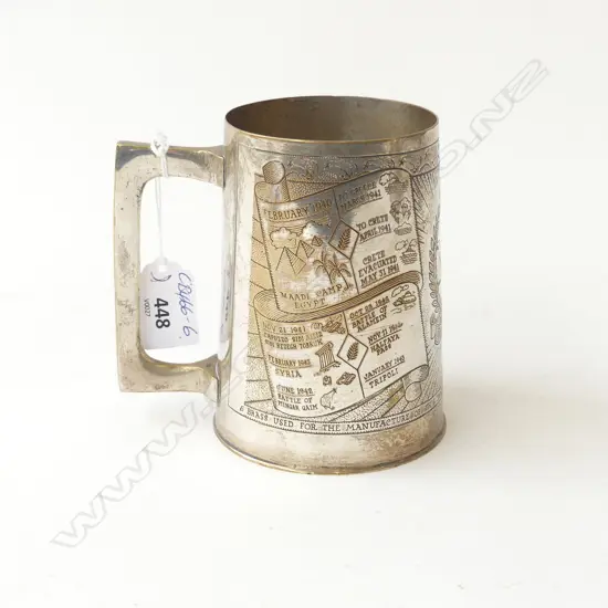 NZ ONWARD SILVER PLATE MUG ' The brass used for the manufacture of this ..from the Battlefields of North Africa' H.120mm