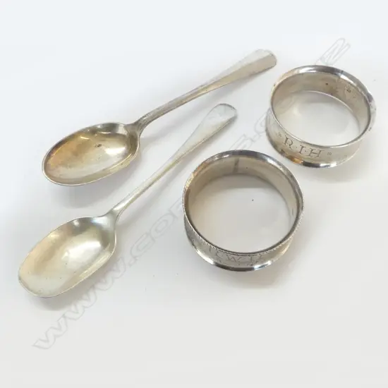 2 SILVER NAPKIN RINGS + 2 TEASPOONS (1 rat tail) 73gms