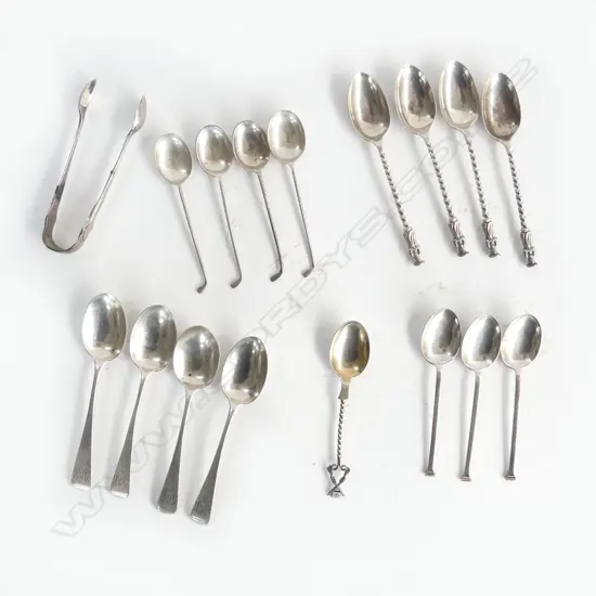 15 SILVER TEASPOONS + TONGS includes: 4 Geo.IV. 3 golfing. 4 Apostle. 3 seal type. 1 w rifle & target finial. 155gms
