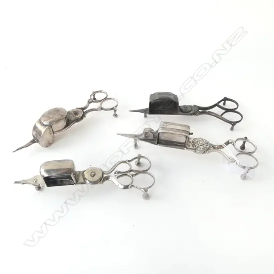 FOUR GEORGIAN & VICTORIAN PERIOD CANDLE SNUFFERS ‘HIS MAJESTY LETTERS PATENT’ ETC, L.180MM