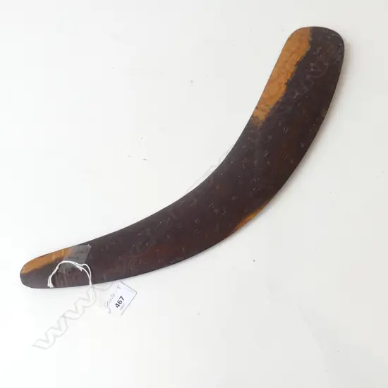A RARE VINTAGE MULGA WOOD ABORIGINAL FISHING BOOMERANG w FEET IMPRESSIONS & WHALE DESIGN AT HEAD