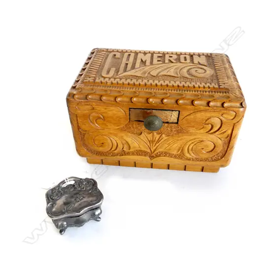 CARVED WOODEN BOX 'CAMERON' W.230mm + SMALL METAL BOX W.65mm