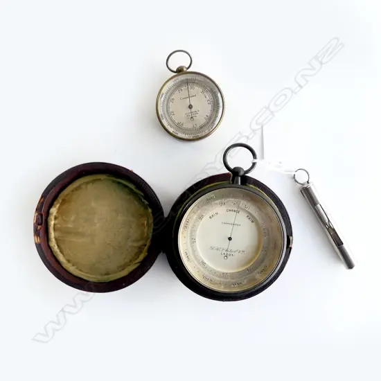 2 POCKET BAROMETERS, 50mm & 75mm dia (CASED) + 10 SECOND SAND TIMER