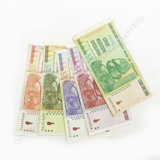 5 BANK OF ZIMBABWE NOTES; 1, 5, 10, 20, 50 BILLION DOLLARS