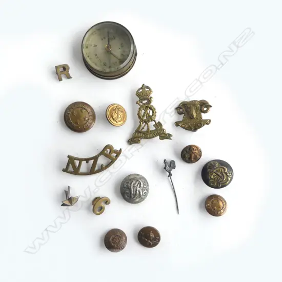 BAG MILTARY BUTTONS + BADGES. BRASS POCKET COMPASS 