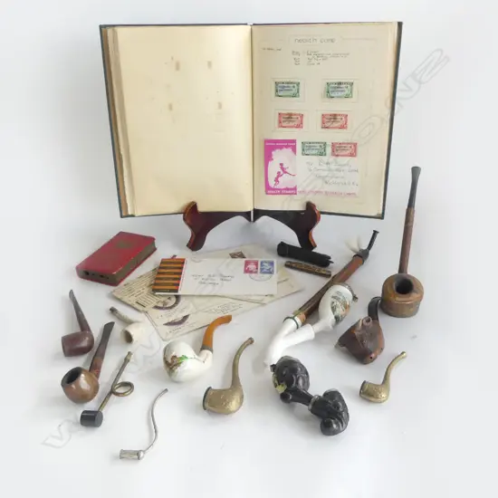 STAMP ALBUM, ASST. SMOKING PIPES ETC