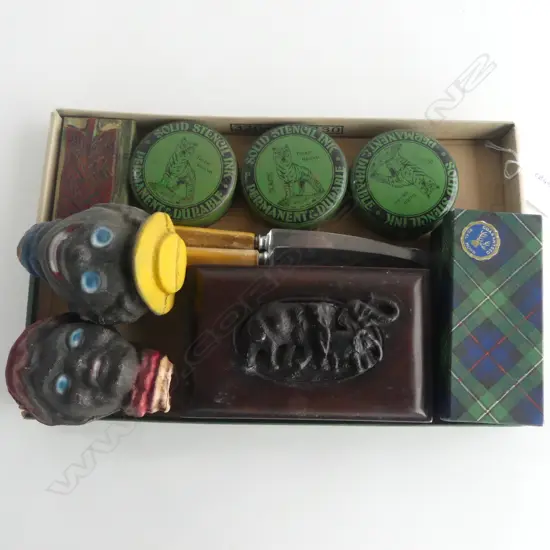 SMALL TRAY MIXED COLLECTABLES PUPPET HEADS  INK TINS KNIVES  ETC