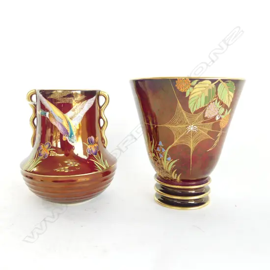 2 CARLTON WARE VASES; SPIDERS WEB & DUCK H.130mm