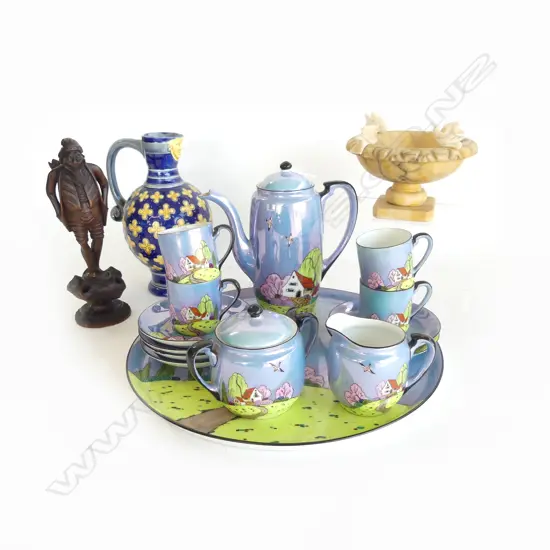 14 PCE TEA SET INCL. TRAY 305mm dia, MINTONS JUG, CARVED WOODEN FIGURE H.205mm, ONYX BIRD BATH 150mm dia