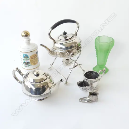 6 PCES; SPIRIT KETTLE ON STAND, TEAPOT,1 VASE, 1 DECANTER, EP SHOE & SHAVING MUG