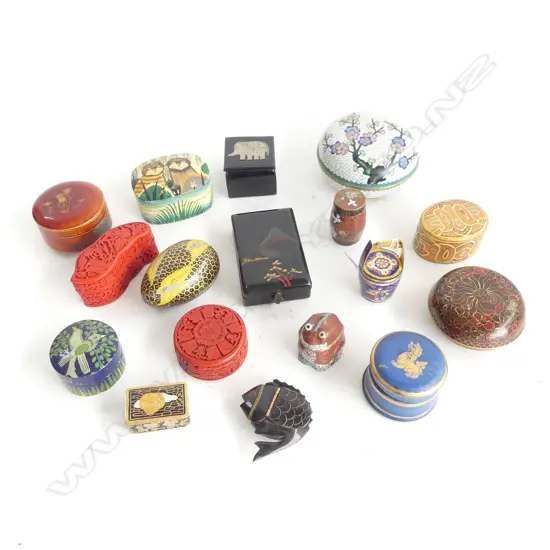 17 ASST. TRINKET BOXES; CLOISONNE, LACQUER, RESIN CINNABAR ETC