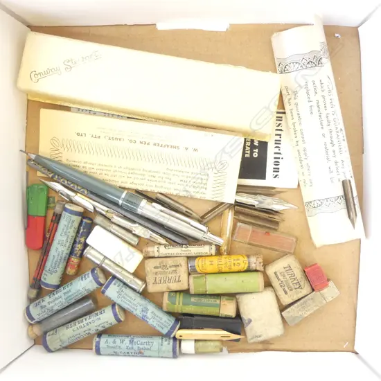 TRAY OF VINTAGE PENCIL LEADS, PEN NIBS, PARKER CALENDAR PENCIL, RUBBERS ETC