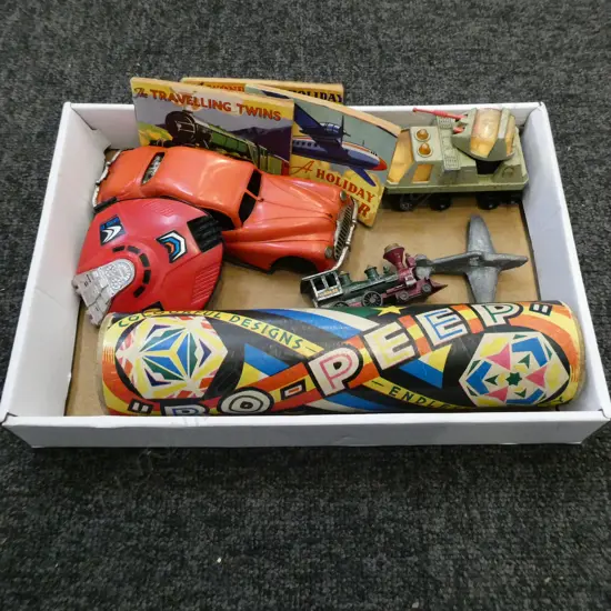 ASSTD. VINTAGE TOYS INCL. TRI-ANG MINIC, MATCHBOX, LEAD PLANE, KALEIDOSCOPE ETC