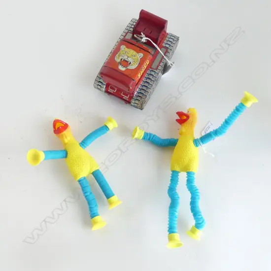 1960's JAPANESE TIN BULLDOZER & 2 FUN CHICKENS w EXTENDABLE ARMS & LEGS