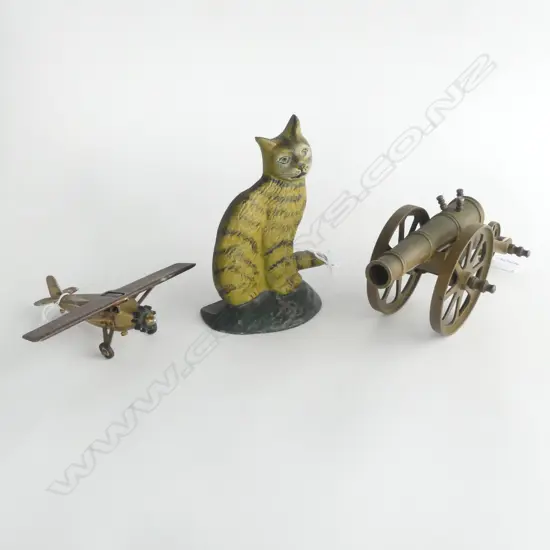BRASS MINTURE CANNON L260MM METAL AIRPLANE LIGHTER L140MM & CAST IRON CAT DOORSTOP H180MM