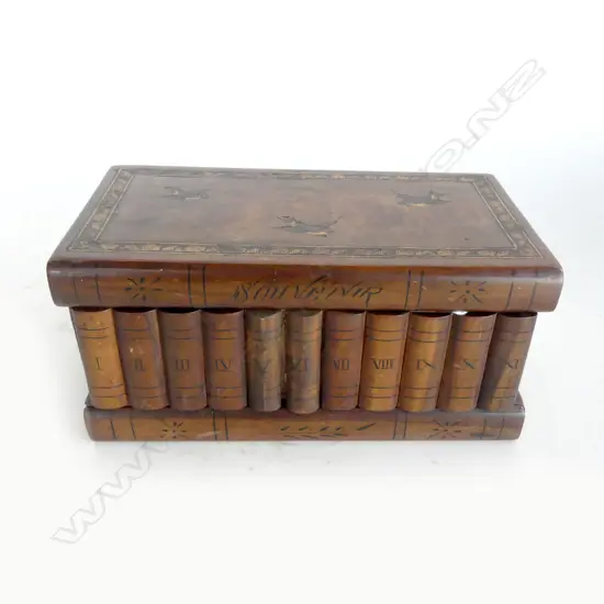 ANTIQUE PUZZLE BOX w MARQUETRY INLAY, SORRENTO ITALY. L.240 x 120mm (no key & distressed interior)