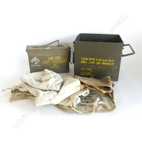2 ARMY AMMUNITION TINS  L270MM  CANVAS SERVICE BAG CHAPS ETC