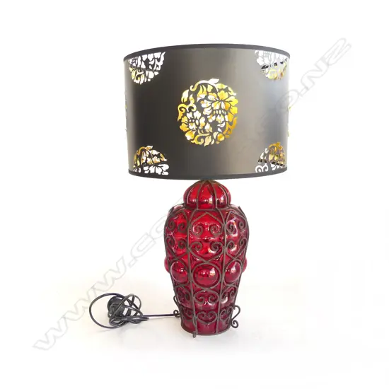 ITALIAN MURANO RED GLASS & METAL ENCASED TABLE LAMP black silouhette shade H.560mm