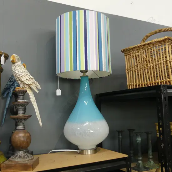 TABLE LAMP; BLUE GLASS BASE w. STRIPED SHADE H.725mm