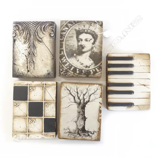 5 SID DICKENS (Canada) TILES: EMPRESS. PIANO KEYS. MEDIEVAL TREE OF LIFE. LEXICON. APPLIQUE. 200 x 150mm EA.
