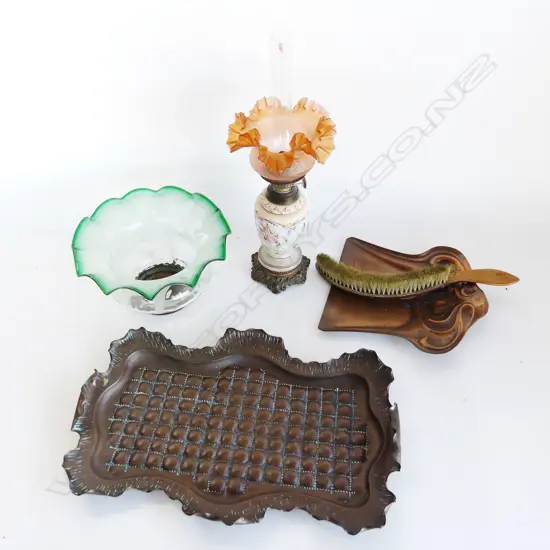 4 EARLY 20thC ITEMS; KERO LANTERN H.420mm, GREEN GLASS LIGHT FITTING 250mm dia, COPPER TRAY & CRUMB TRAY & BRUSH