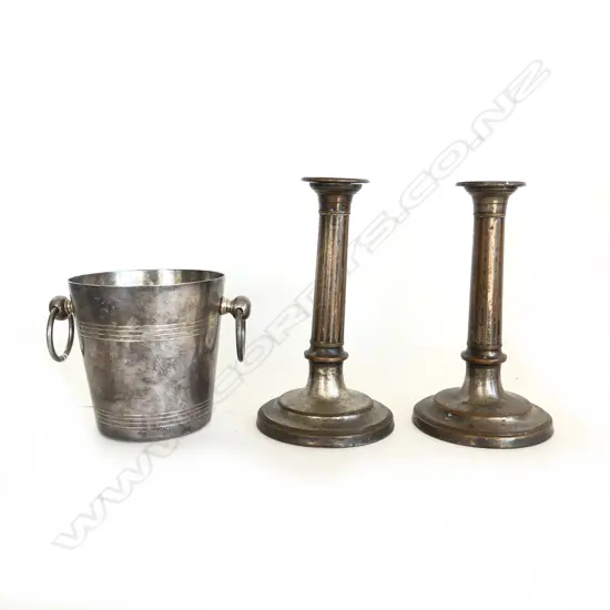 PR OLD SHEFFIELD PLATE CANDLESTICKS H.215mm + EP ICE BUCKET H.130mm