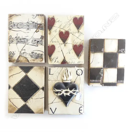 5 SID DICKENS (Canada) TILES: LOVE. MOSAIC. MUSIC NOTES. HEARTS ETC. 200 x 150mm EA.