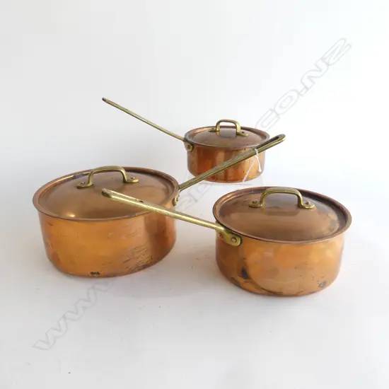3 VINTAGE PORTUGESE 'TAGUS ELITE' LIDDED COPPER SAUCEPANS...
