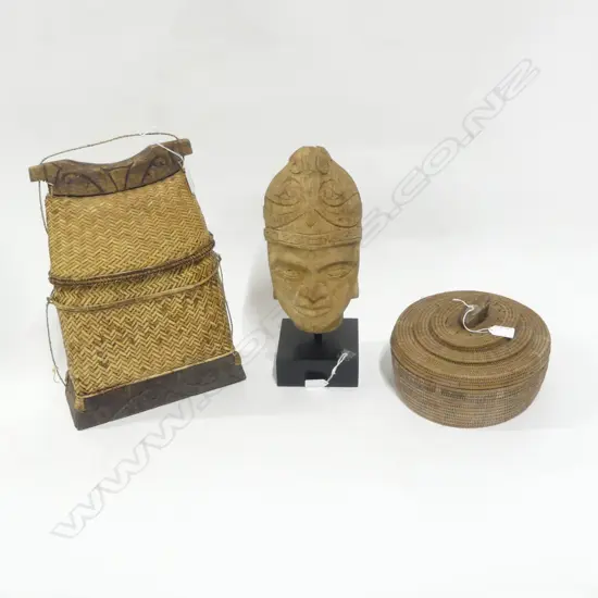 CARVED WOOD MOUNTED HEAD H380MM 7 2 WOVEN CANE BASKETS H380 & 160MM