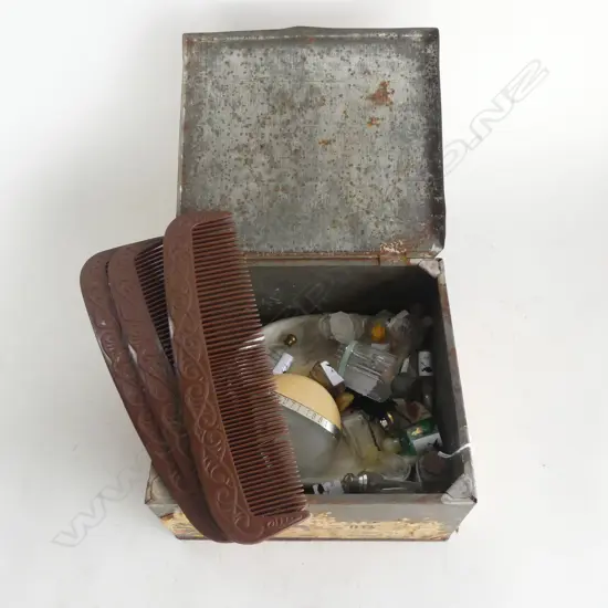 VINTAGE BISCUIT TIN L240MM CONTAINING PERFUME BOTTLE COLLECTION  NZ COMBS ETC