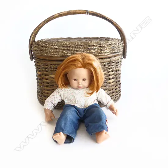 WOVEN CANE LIDDED BASKET W.450mm & DOLL