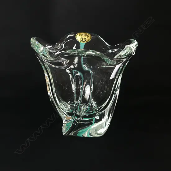 CZECHOSLOVAKIA CHRIBSKA GLASS MID CENTUARY VASE stylish swirled form pale blue inclusions H.175mm