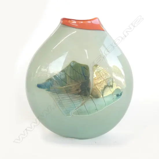 GARRY NASH GLASS ART GLASS VASE flattened ovoid form irredescent foil panel. Signed & dated. H.265mm
