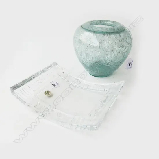 HAND BLOWEN STUDIO GLASS VASE H165MM & FRENCH CRYSTAL CHEESE DISH L220MM
