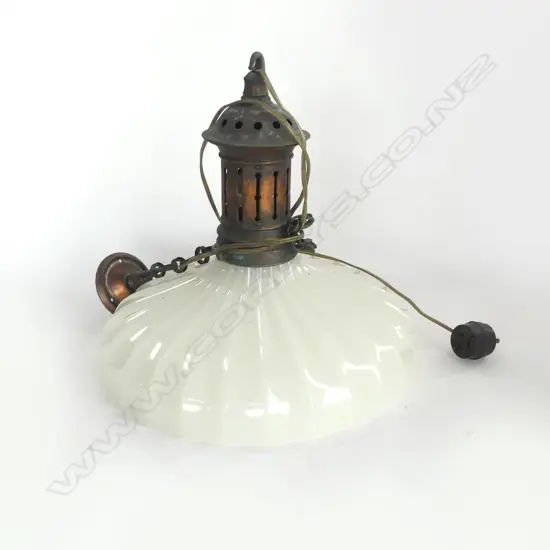 EDWARDIAN COPPER & HEAVY MILKGLASS HANGING LIGHT Dia.370mm.