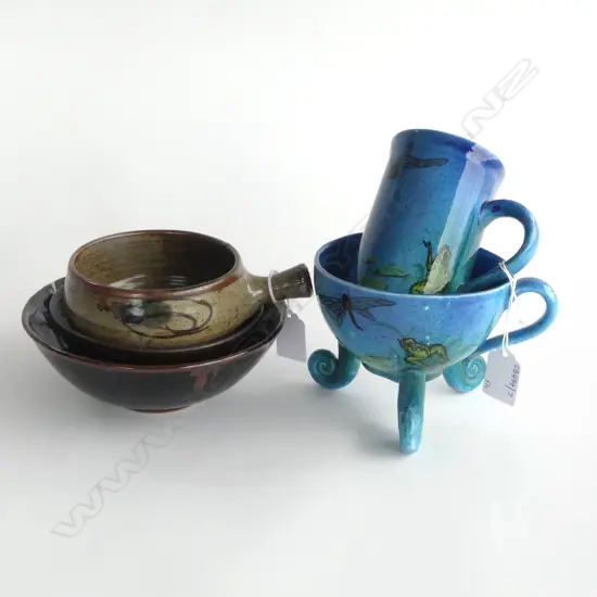 5PCS NZ STUDIO POTTERY 2 SMALL BOWLS DIA170 LARGEST  ANNIE MURRY CUP & MUG H125MM & SOUP COUPE