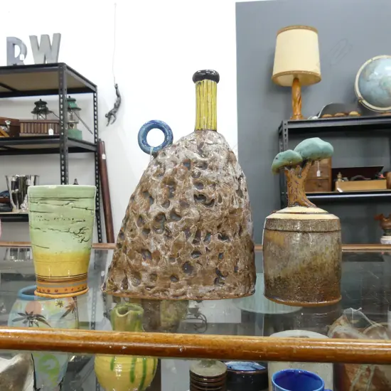 3 PCES BRENDAN ADAMS DESIGN STUDIO POTTERY, VASE H.295mm, BEAKER, LIDDED CONTAINER w. TREE H.200mm