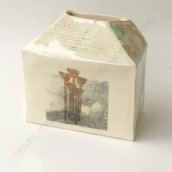 GLAZED NZ FOLK ART RECTANGULAR VASE [HAS FIRING FAULTS] 250x270mm