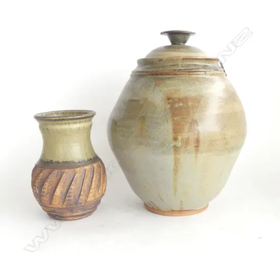 STUDIO POTTERY LIDDED JAR H370MM CHIP TO LID & STUDIO POTTERY  VASE  H210MM