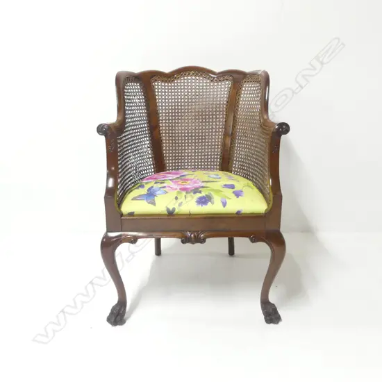 ARMCHAIR w. WYCOMBE CANE PANELS; FLORAL SEAT