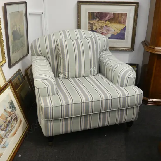 DANSKE MOBLER UPHOLSTERED ARMCHAIR; DUCK EGG & GREY STRIPE 950x950x850mm