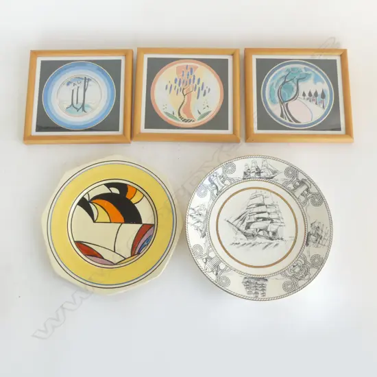 2 CLARICE CLIFF PLATES 230mm dia + 3 PRINTS 