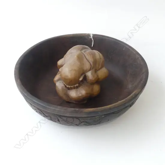 3 PCES; CARVED WOODEN BOWL 320mm dia, FIGURE, TEA CADDY