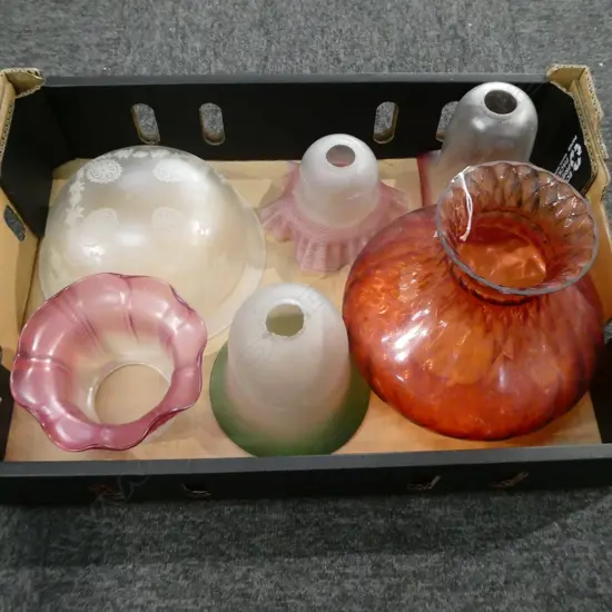 SIX ANTIQUE LIGHT SHADES, CRANBERRY GLASS ETC, H.210MM-100MM