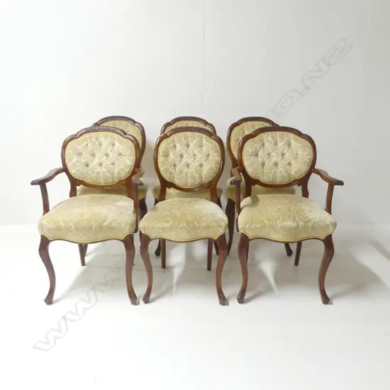 6 VICTORIAN STYLE UPHOLSTERED DINING CHAIRS (2 CARVERS)