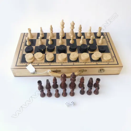 WOODEN CHESS SET & BACKGAMMON SET BOTH COMPLETE IN FOLDING BOX, ONE GAME EACH SIDE, L.470MM